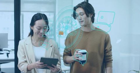 Business Professionals Engaging with AI Holographic Interface in Modern Office