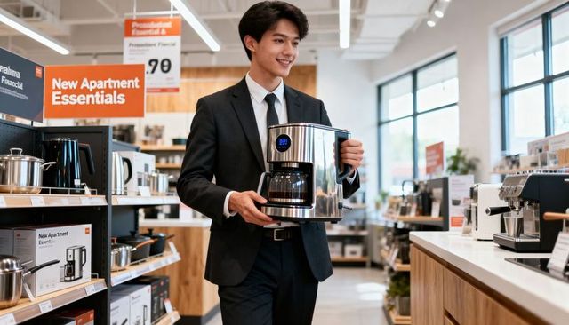 Young professional carrying stainless steel coffee maker through modern appliance store