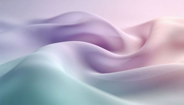 Draping satin fabric flowing pastel gradient mint to lavender soft textile texture