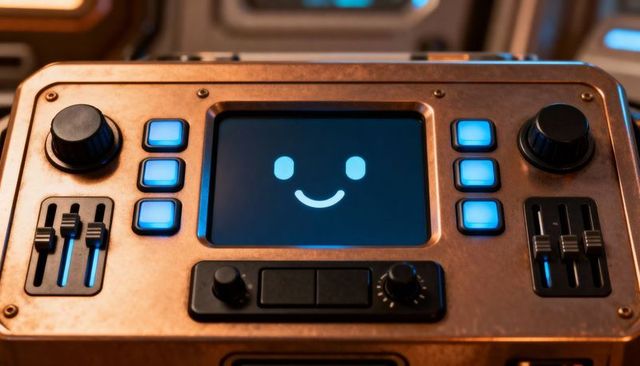 Copper control panel displaying friendly blue smiley interface with backlit buttons