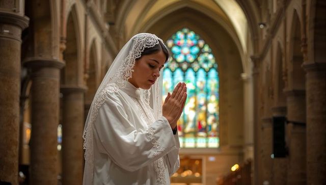 Worshipper in white veil praying in church with stained glass