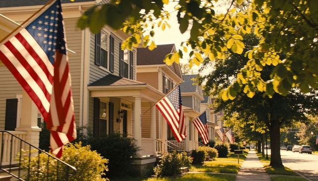 Sunlit suburban row of colonial homes displaying american flags on tree-lined street