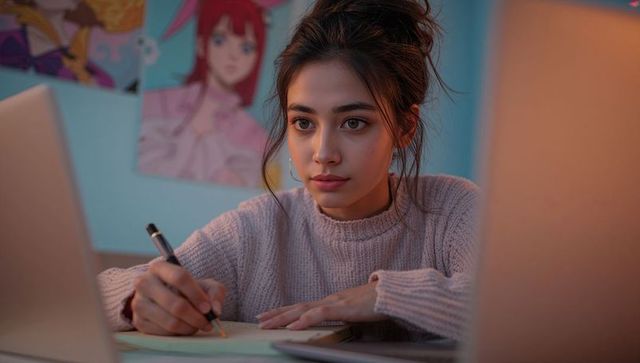 Young Woman Studying in Cozy Ambient Setting with Anime Posters