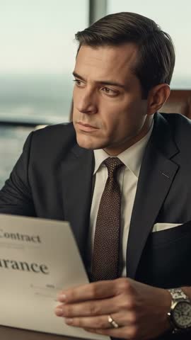 Executive reading insurance contract and studying policy in city office vertical video