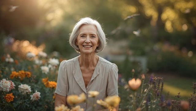 Senior woman enjoying golden hour in flower garden smiling warmly among colorful blooms