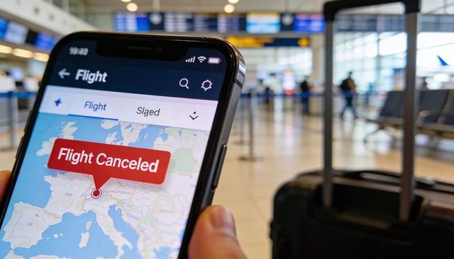 Traveler holding smartphone showing Flight Canceled marker on map at airport