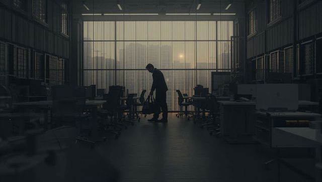 Walking silhouetted businessman carrying shoulder bag through dim open-plan office at dusk