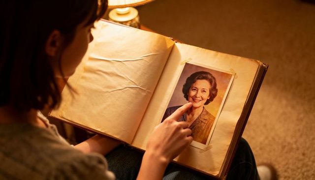 Adult woman tracing vintage portrait in family album by lamplight