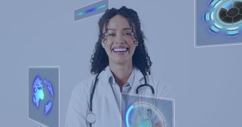 Smiling Young Female Doctor with Digital Interface Elements
