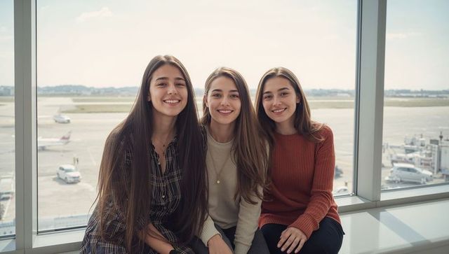 Three young women smiling together at airport window watching airplanes depart