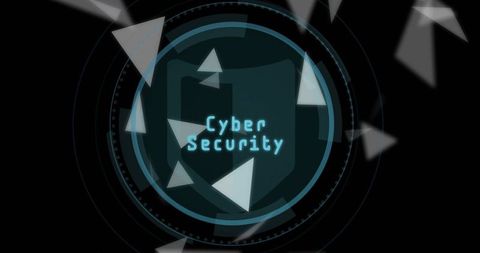 Futuristic Cyber Security Interface with Floating Digital Triangles