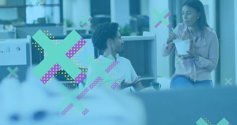 Diverse Coworkers Having Casual Office Discussion with Abstract Overlay