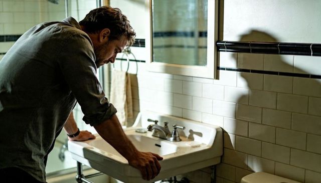 Man leaning on bathroom sink during tense moment, shadowed face and razor on basin
