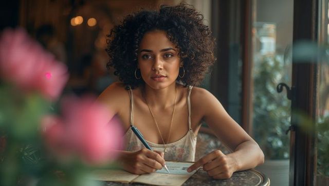 Creative Woman Writing in Cafe During Relaxing Afternoon