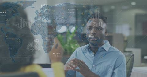 Business collaboration over digital world map on glass interface, presenting global data strategy