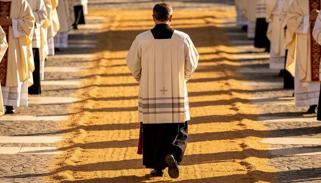 Priest walking down golden aisle during ceremonial procession back view courtyard