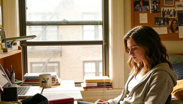 Cozy sunlit college dorm student studying at desk with laptop, notebook and coffee mug