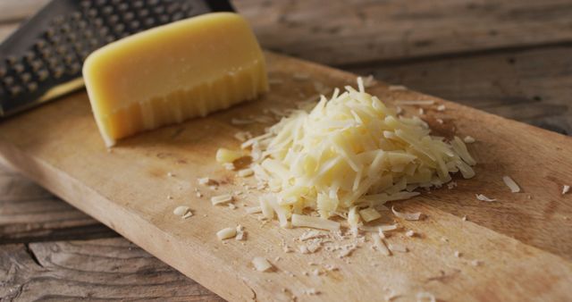 Image of block of yellow cheese, grater and grated cheese on wooden board on rustic table. savoury cooking ingredient and food preparation.