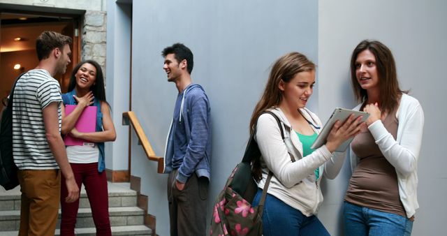 Group of young friends chatting and socializing in a modern indoor location. Two women sharing and looking at a tablet while another group including a man and a woman exchanging laughs beside. Perfect for illustrating modern student life, educational content, social interaction, technology usage among youth, or lifestyle concepts.