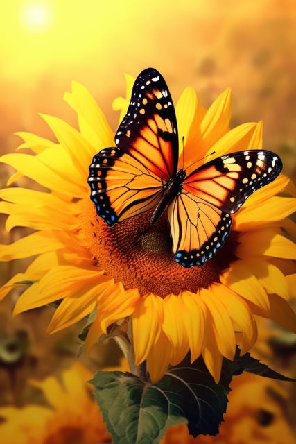 Close up of butterfly perched on sunflower, created using generative ai technology. Nature, summer and wildlife concept digitally generated image.