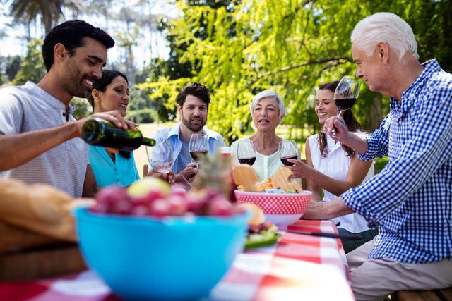 Multi-generational family enjoying a picnic in a park, sharing glasses of wine and food. Ideal for use in advertisements, blogs, and articles about family bonding, outdoor activities, and summer celebrations.
