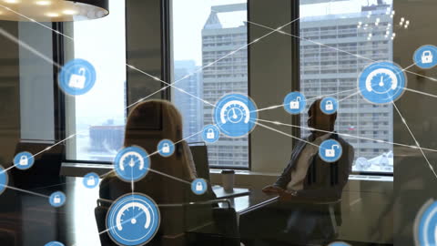 Animated Digital Network Over Professionals in Modern Office