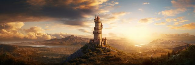 Tower in mountains over blue sky with clouds, created using generative ai technology. Fantasy, fairy tale and landscape concept digitally generated image.