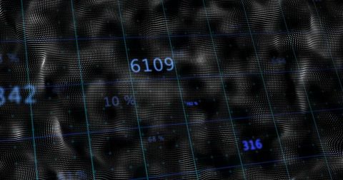 Pulsing Point-Cloud Mesh Moving Across Holographic Data Grid with Neon Numeric Readouts