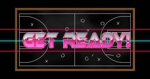 Neon get ready typography over chalkboard basketball playbook with pink cyan light streaks