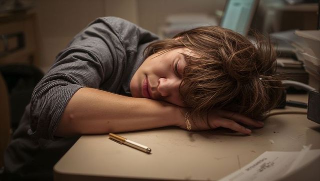 Tired young woman resting on desk with pen, fatigued office worker taking nap