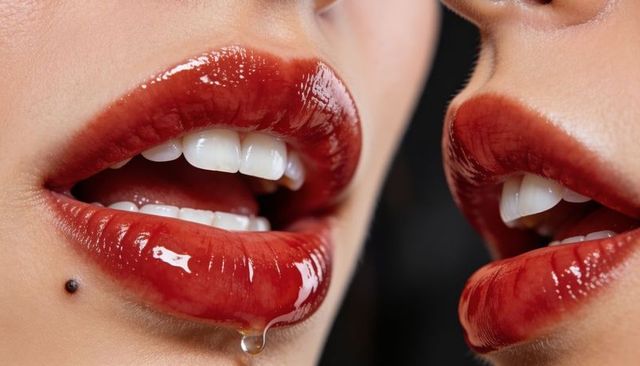 Intimate closeup showing glossy red lips dripping droplet, smiling teeth, beauty mole