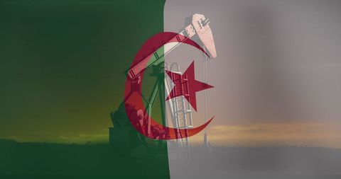 Algerian Flag Overlay on Oil Pump Silhouette at Sunset