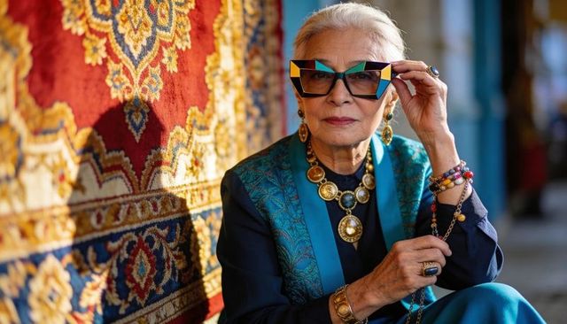 Stylish elder asian woman adjusting geometric sunglasses amid colorful market rugs, jewelry
