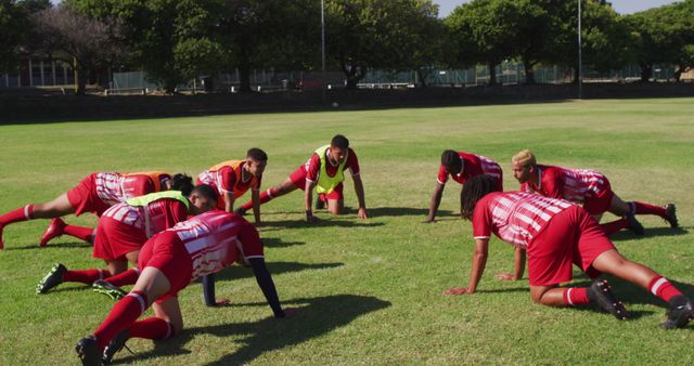 Image of diverse group of male football players warming up on field,doing push-ups. Male football team, inclusivity and fitness in team sports.