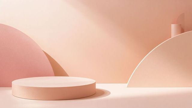 Presenting minimalist peach podium with low round pedestal and curved panels