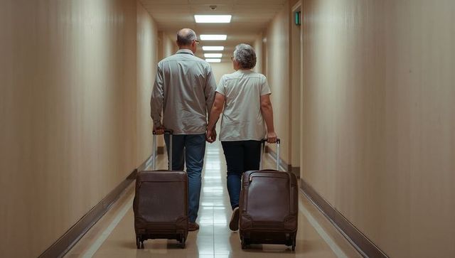Senior couple walking hand in hand pulling luggage down calm hotel corridor for travel