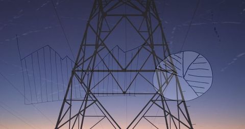 Digital Data Overlay on Electricity Pylon at Dawn
