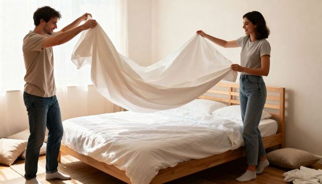 Young couple making bed together in bright natural light bedroom smiling and connecting