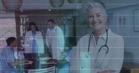 Confident Female Doctor Analyzing Healthcare Trends in Modern Clinic