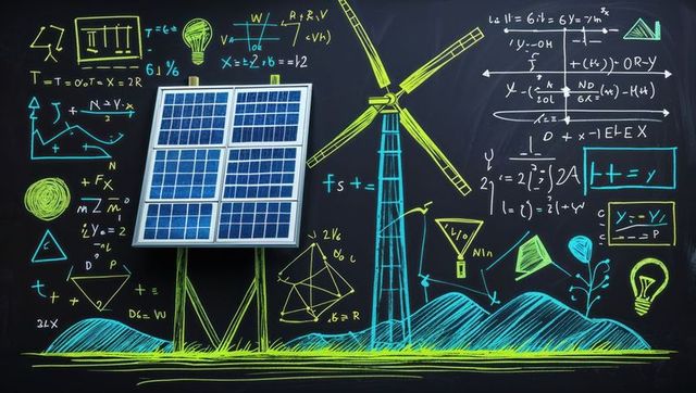 Renewable energy concepts on chalkboard: solar and wind innovations