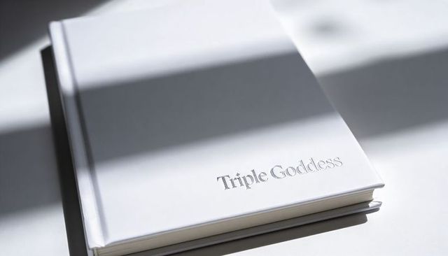 Minimalist white hardcover book triple goddess resting in sunlight with slatted shadows
