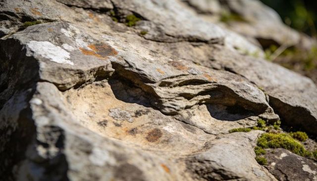 Weathered sedimentary rock close-up with lichen, moss, eroded ridges and texture