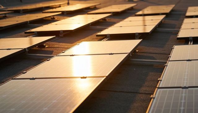 Golden-hour solar panel array on flat rooftop reflecting sunlight, rails, clamps, wiring details