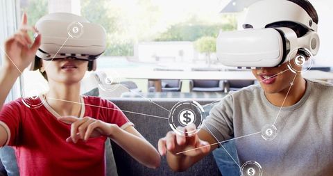 Asian adults wearing vr headsets tapping virtual dollar nodes for fintech collaboration
