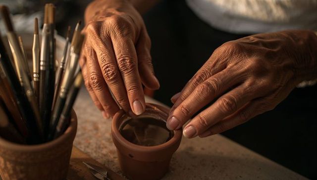 Senior potter hands rinsing terracotta pot in warm studio light — ceramics craft detail