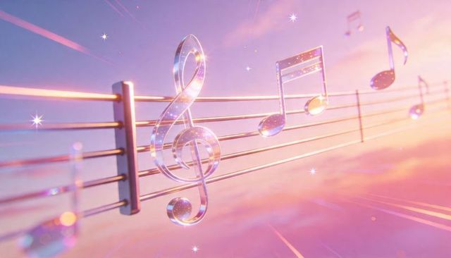 Dreamy glass treble clef floating over pastel sunset with crystal musical notes and sparkling stars