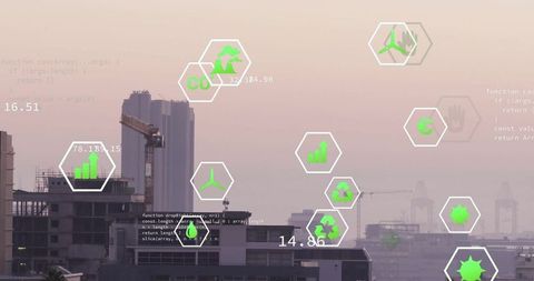 Eco-Friendly Digital Network Interface Over Urban Skyline - Download Free Stock Images Pikwizard.com