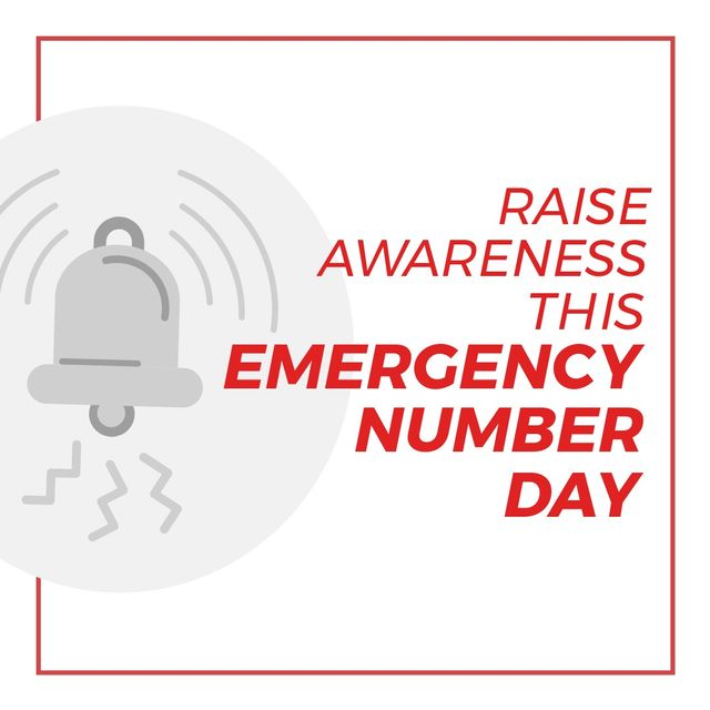 Emergency number day text banner with ringing bell icon against white background. National emergency number day awareness concept