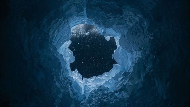 Framing circular ice aperture revealing starry sky through jagged glacial shaft with teal cyan glow