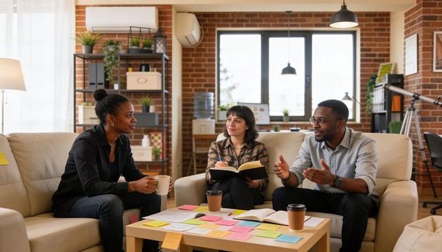 Creative team brainstorming in modern coworking lounge with sticky notes and coffee
